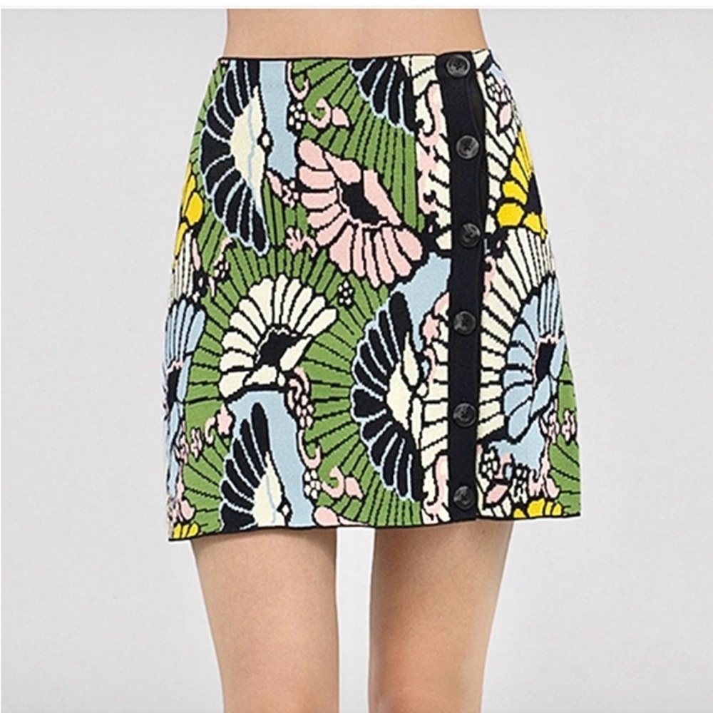 RACHEL Rachel Roy Green Multi Floral Fan-Print Skirt with Black Button Trim